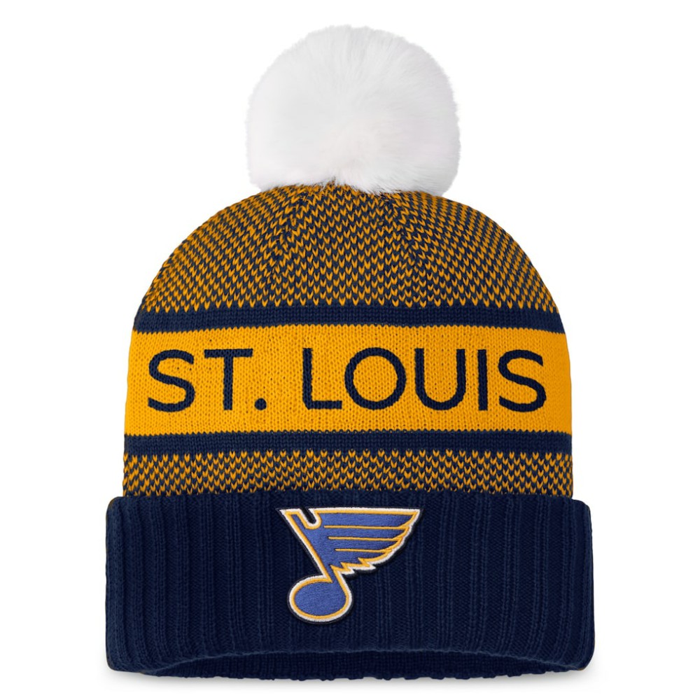 St. Louis Blues Fanatics Women's Authentic Pro Rink Cuffed Knit Hat with Pom Navy/Gold