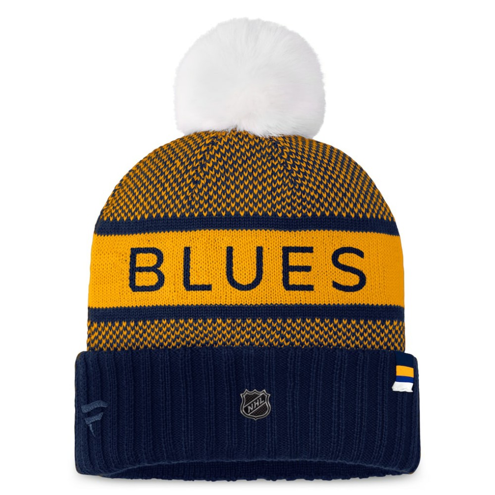 St. Louis Blues Fanatics Women's Authentic Pro Rink Cuffed Knit Hat with Pom Navy/Gold