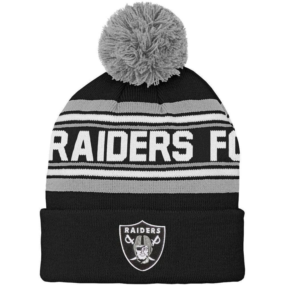 Las Vegas Raiders Youth Jacquard Cuffed Knit Hat with Pom - Black for sale