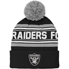 Las Vegas Raiders Youth Jacquard Cuffed Knit Hat with Pom - Black for sale