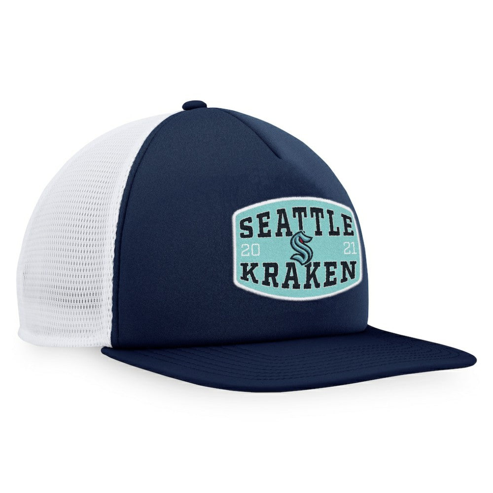 Seattle Kraken Fanatics Foam Front Patch Trucker Snapback Hat Deep Sea Blue/White