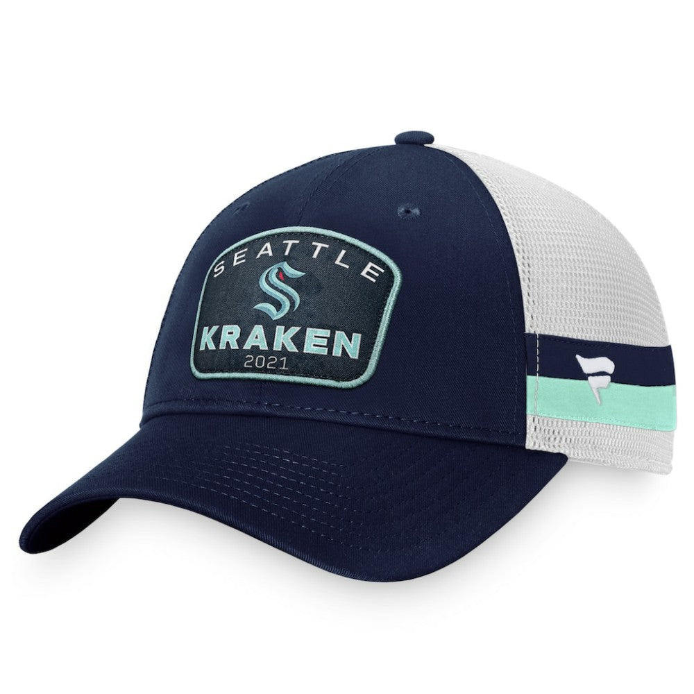Seattle Kraken Fanatics Fundamental Striped Trucker Adjustable Hat Deep Sea Blue/White
