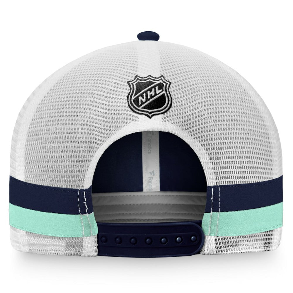 Seattle Kraken Fanatics Fundamental Striped Trucker Adjustable Hat Deep Sea Blue/White