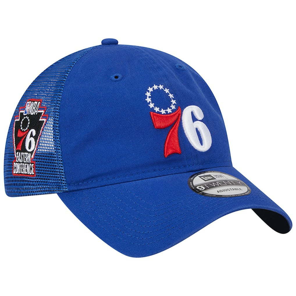 Philadelphia 76ers Distinct Side Patch Trucker 9TWENTY Adjustable Hat - Royal | New Era sale