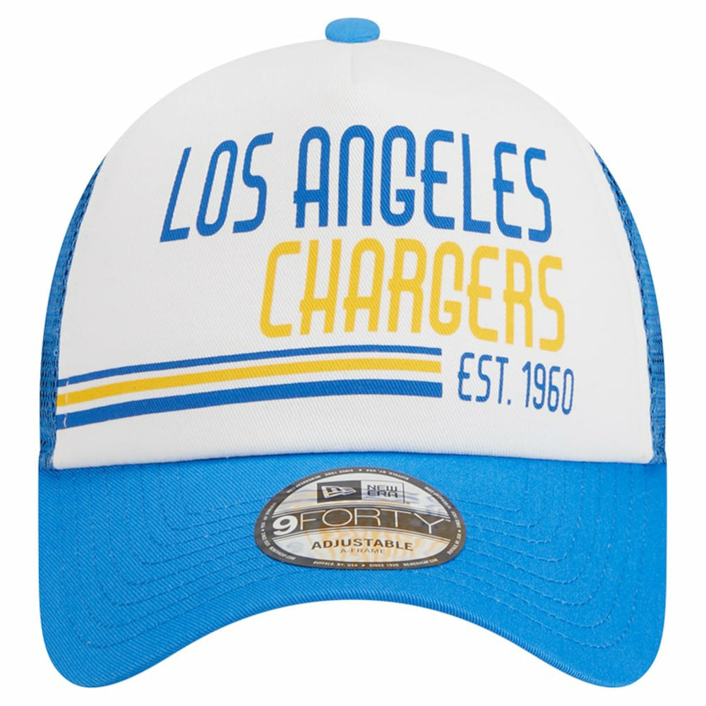 Los Angeles Chargers New Era Stacked A-Frame Trucker 9FORTY Adjustable Hat - White/Powder Blue on sale