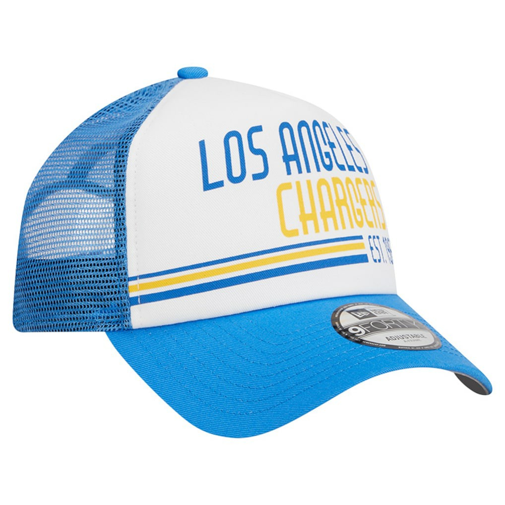 Los Angeles Chargers New Era Stacked A-Frame Trucker 9FORTY Adjustable Hat - White/Powder Blue on sale
