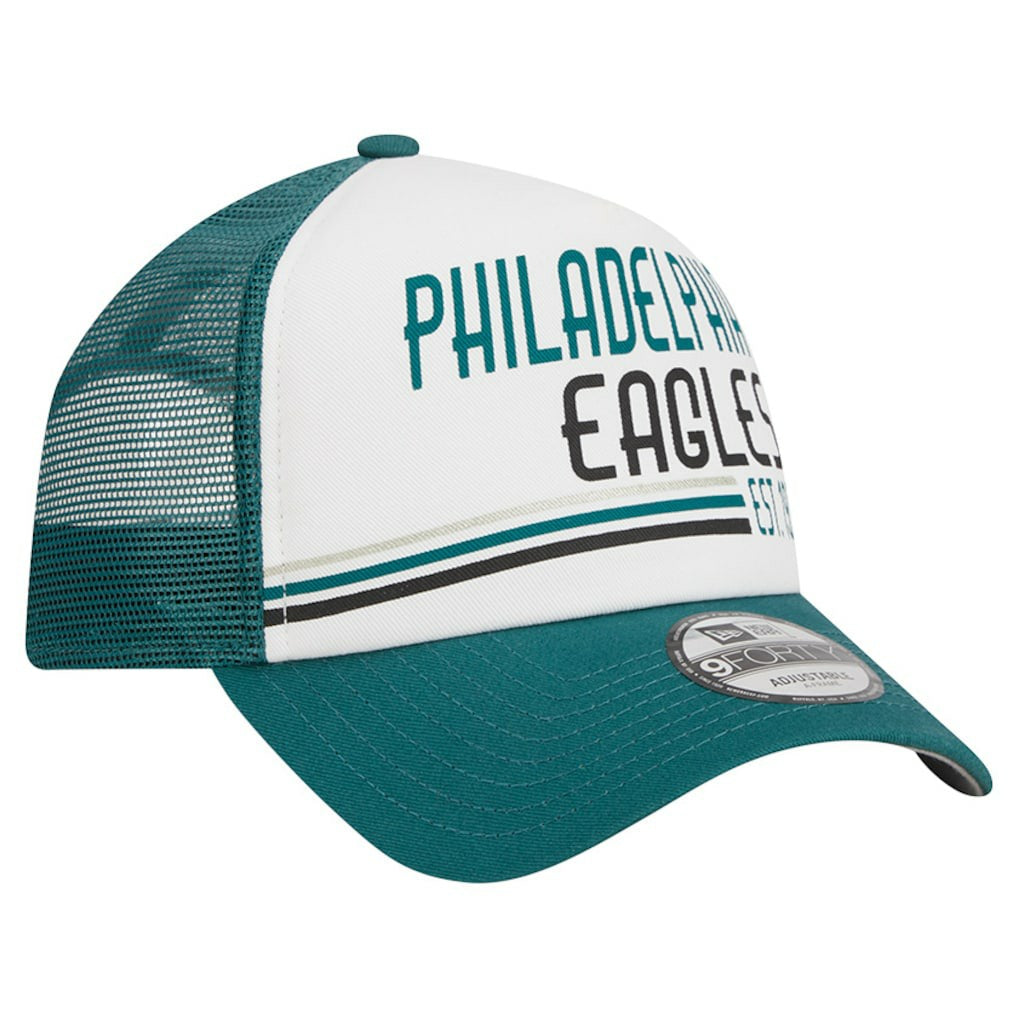 Philadelphia Eagles New Era Stacked A-Frame Trucker 9FORTY Adjustable Hat - White/Midnight Green cheap