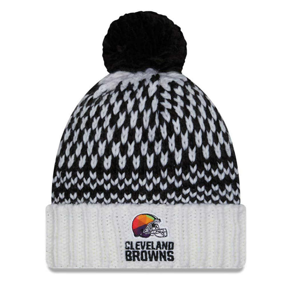 Cleveland Browns New Era Women's 2023 NFL Crucial Catch Cuffed Pom Knit Hat - Black/White sale