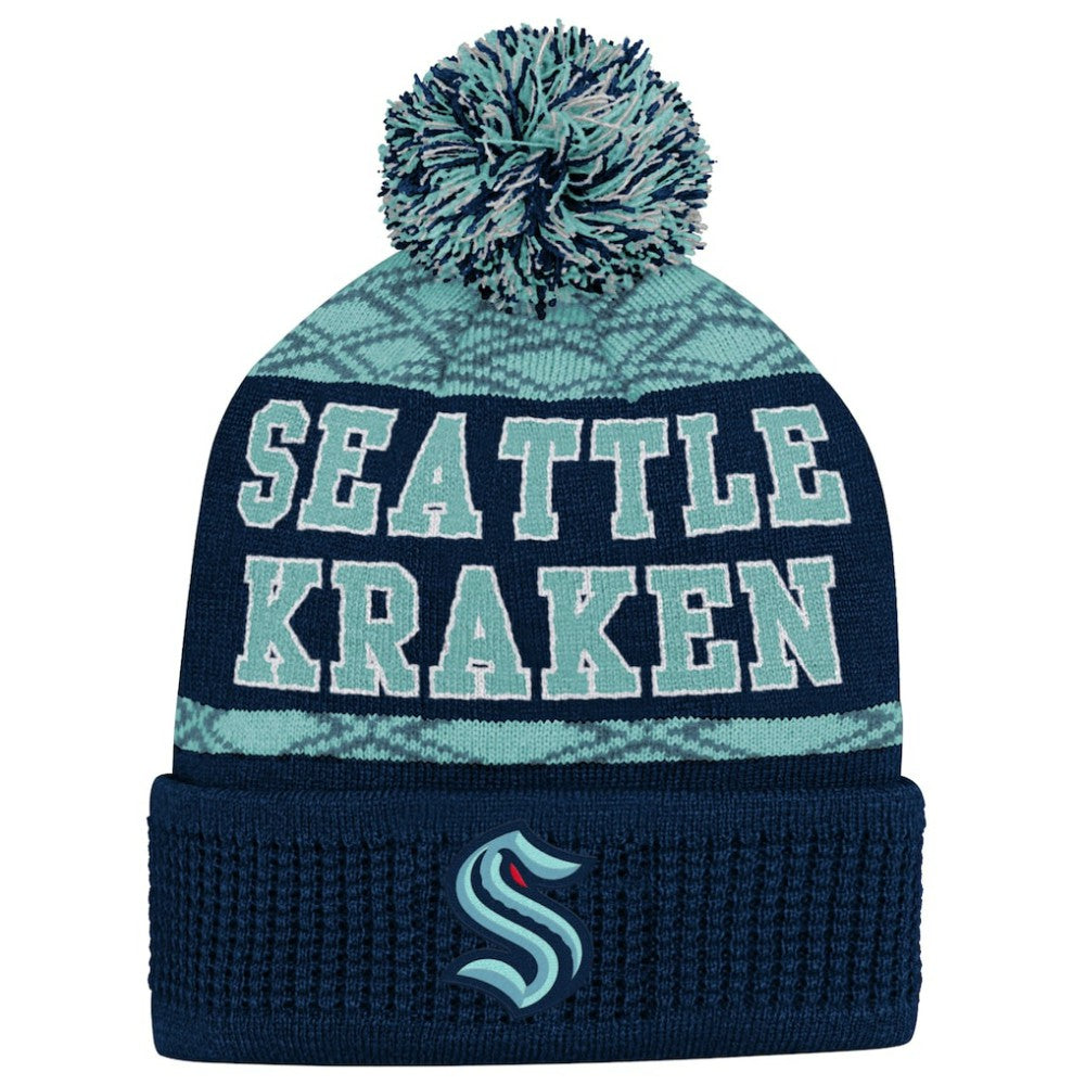 Seattle Kraken Youth Puck Cuffed Knit Hat with Pom Deep Sea Blue