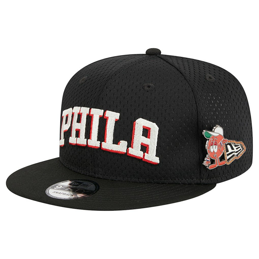 Philadelphia 76ers Post-Up Pin Mesh 9FIFTY Snapback Hat - Black | New Era sale