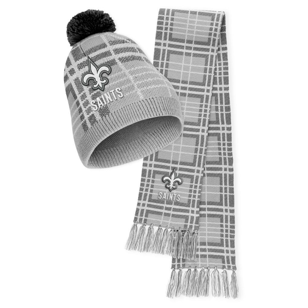 New Orleans Saints WEAR by Erin Andrews Women's Plaid Knit Hat with Pom & Scarf Set for sale