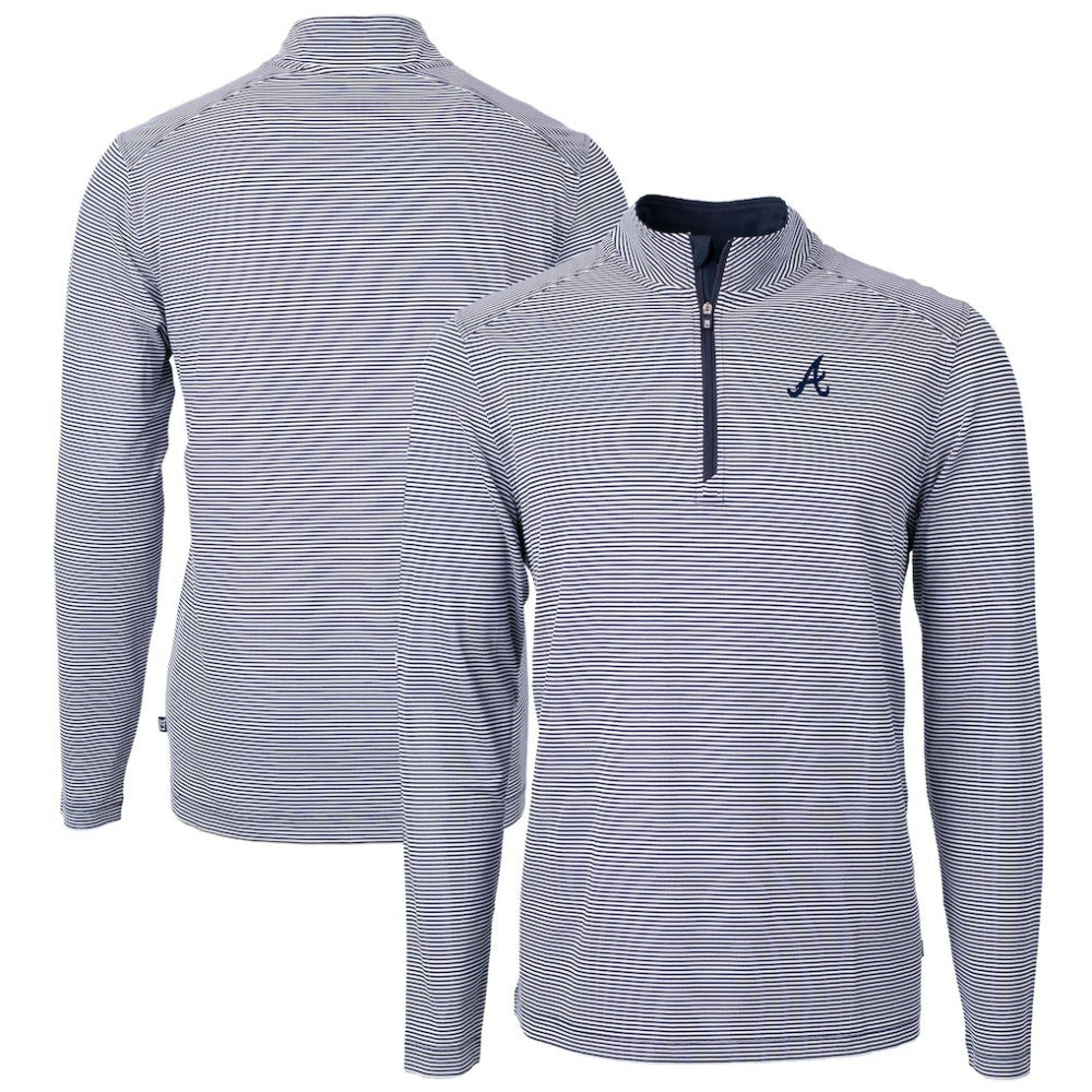 Atlanta Braves Cutter & Buck Virtue Eco Pique Micro Stripe Recycled Quarter-Zip Pullover Top - Navy/White