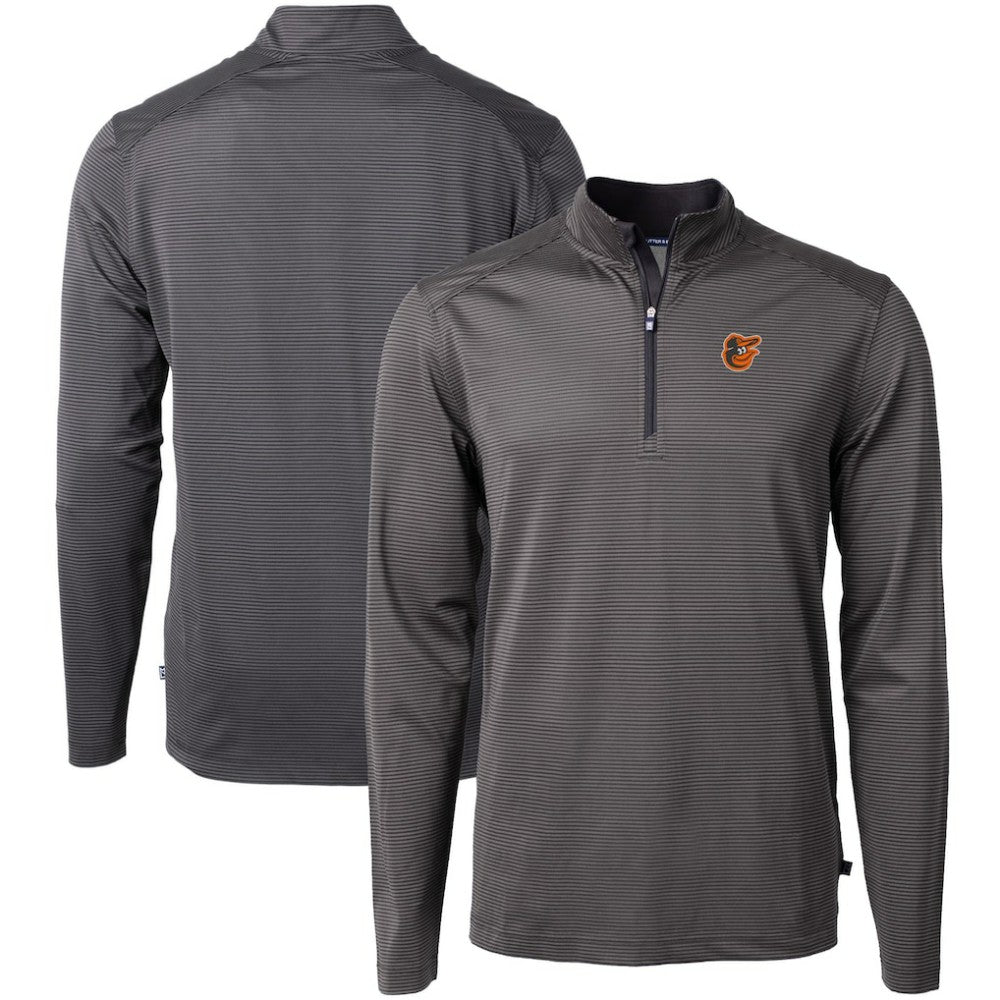 Baltimore Orioles Cutter & Buck Virtue Eco Pique Micro Stripe Recycled Quarter-Zip Pullover Top - Black/Gray