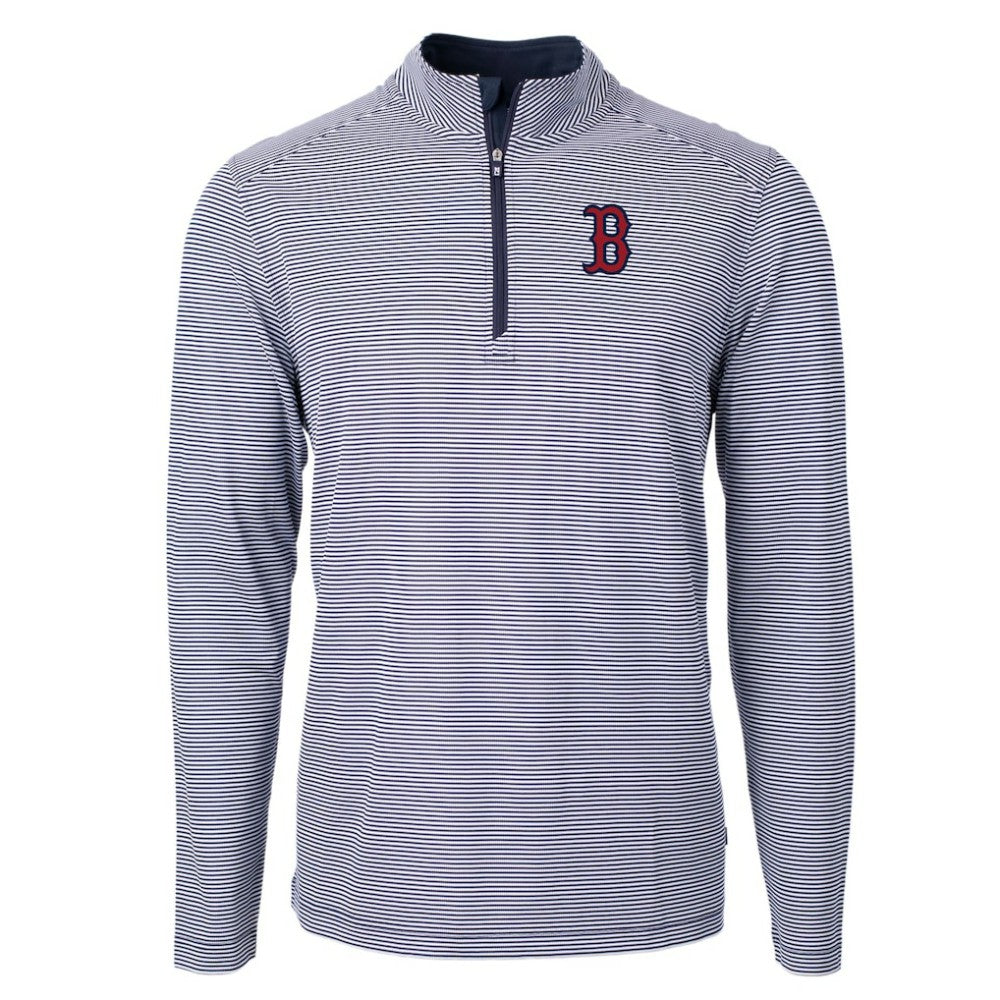 Boston Red Sox Cutter & Buck Virtue Eco Pique Micro Stripe Recycled Quarter-Zip Pullover Top - Navy/White