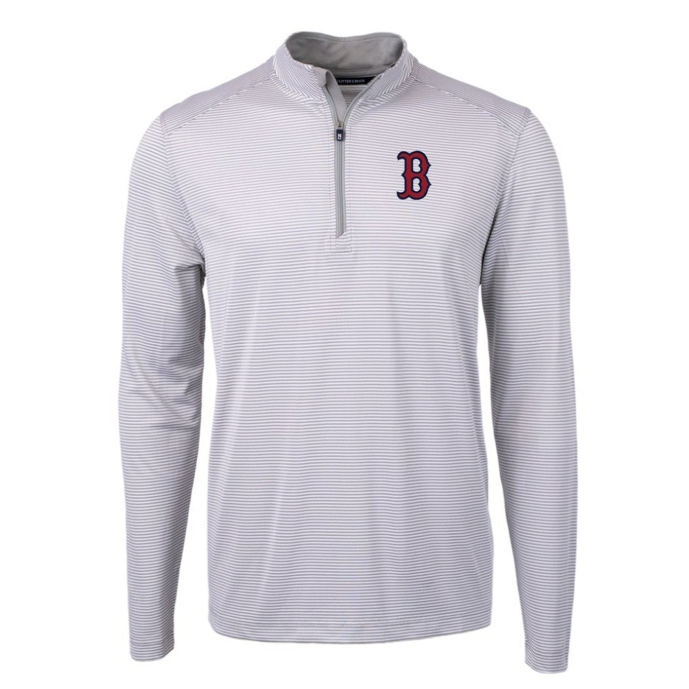 Boston Red Sox Cutter & Buck Virtue Eco Pique Micro Stripe Recycled Quarter-Zip Pullover Top - Gray/White