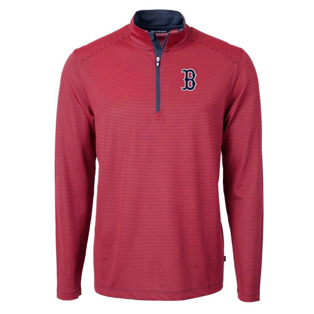 Boston Red Sox Cutter & Buck Virtue Eco Pique Micro Stripe Recycled Quarter-Zip Pullover Top - Red/Navy