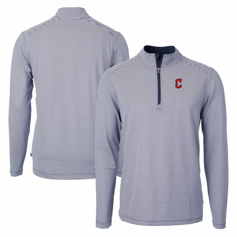 Cleveland Guardians Cutter & Buck Virtue Eco Pique Micro Stripe Recycled Quarter-Zip Pullover Top - Navy/White