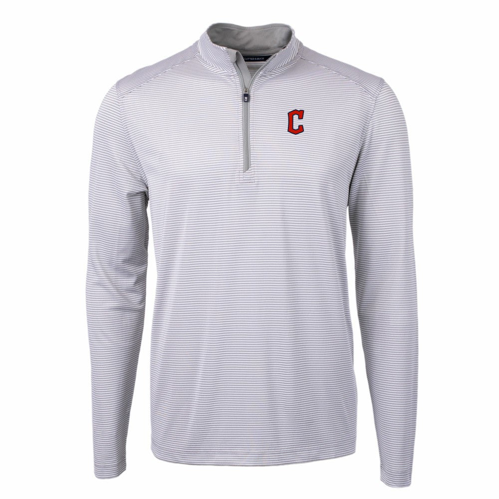 Cleveland Guardians Cutter & Buck Virtue Eco Pique Micro Stripe Recycled Quarter-Zip Pullover Top - Gray/White