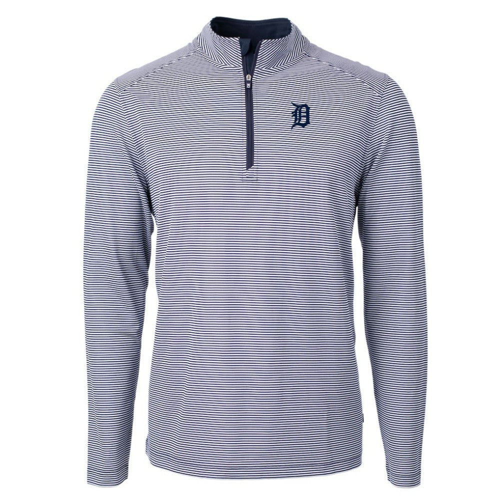 Detroit Tigers Cutter & Buck Virtue Eco Pique Micro Stripe Recycled Quarter-Zip Pullover Top - Navy/White