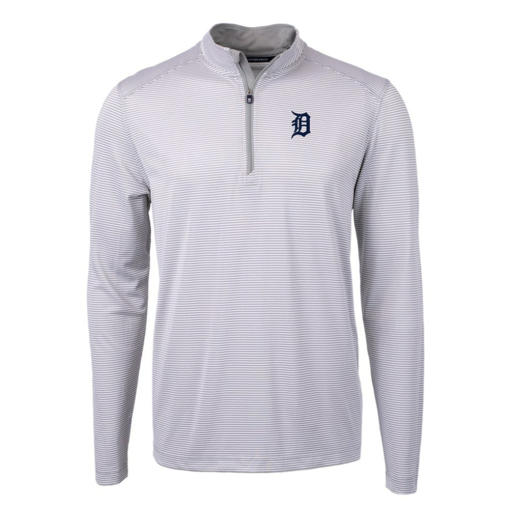 Detroit Tigers Cutter & Buck Virtue Eco Pique Micro Stripe Recycled Quarter-Zip Pullover Top - Gray/White