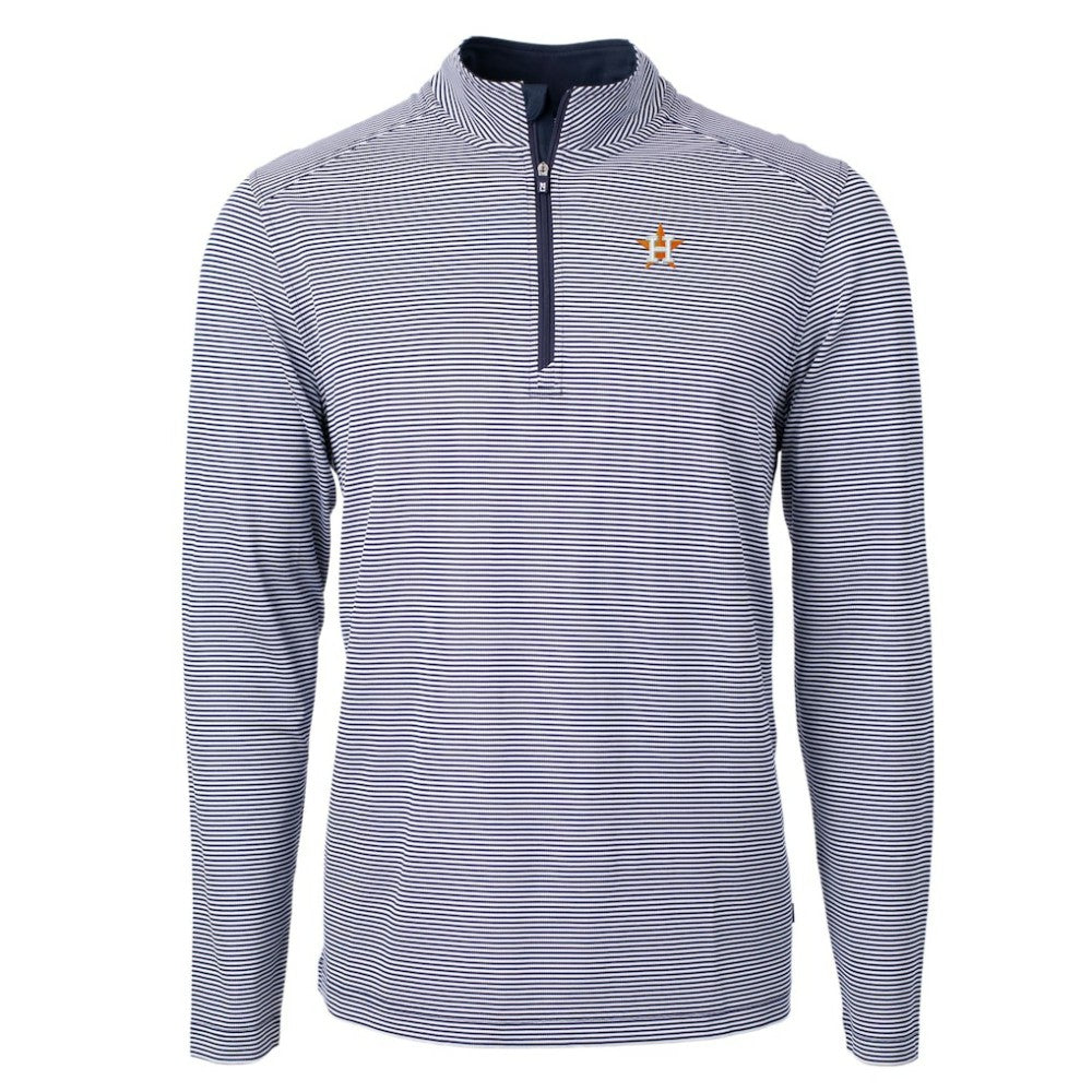 Houston Astros Cutter & Buck Virtue Eco Pique Micro Stripe Recycled Quarter-Zip Pullover Top - Navy/White