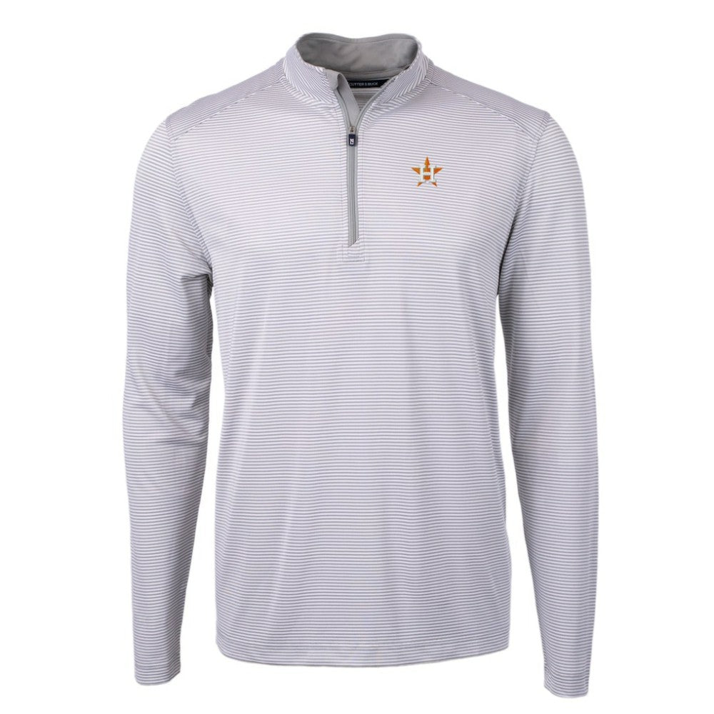 Houston Astros Cutter & Buck Virtue Eco Pique Micro Stripe Recycled Quarter-Zip Pullover Top - Gray/White