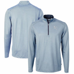 Kansas City Royals Cutter & Buck Virtue Eco Pique Micro Stripe Recycled Quarter-Zip Pullover Top - Light Blue/Navy
