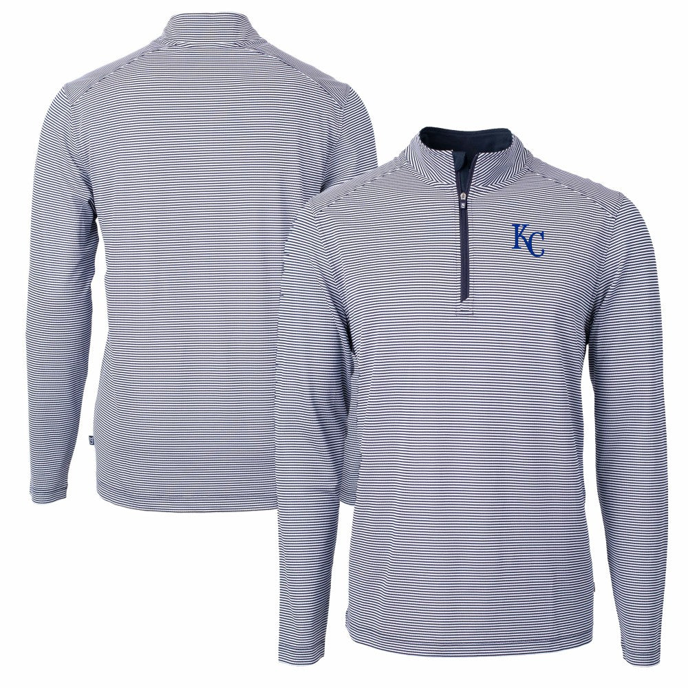 Kansas City Royals Cutter & Buck Virtue Eco Pique Micro Stripe Recycled Quarter-Zip Pullover Top - Navy/White