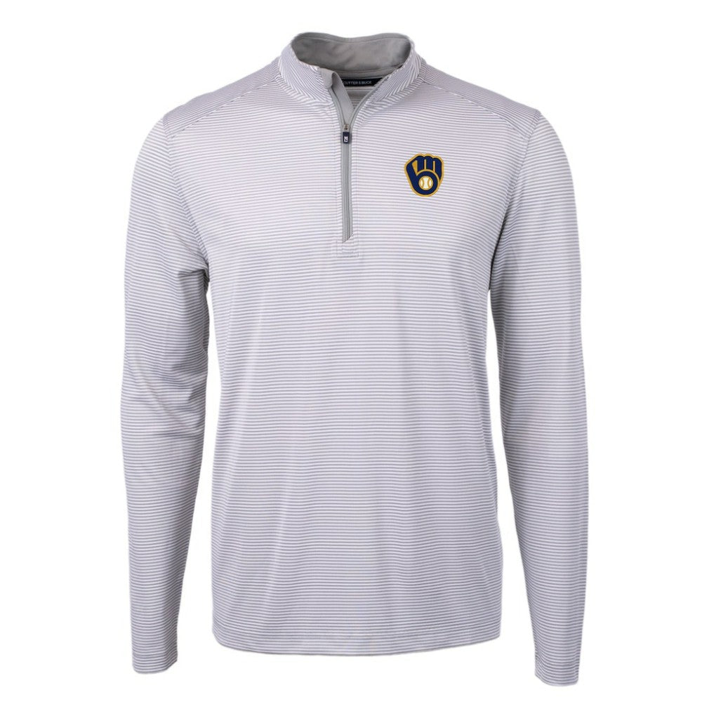 Milwaukee Brewers Cutter & Buck Virtue Eco Pique Micro Stripe Recycled Quarter-Zip Pullover Top - Gray/White