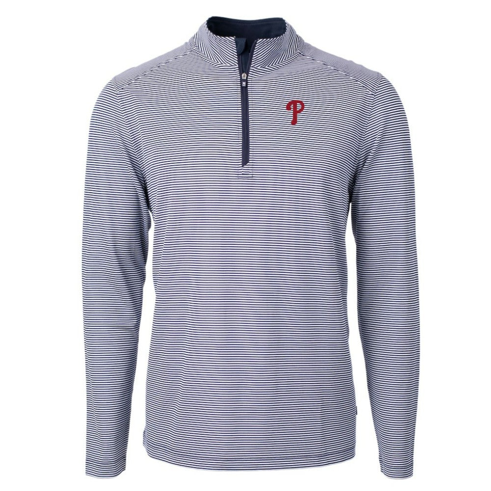 Philadelphia Phillies Cutter & Buck Virtue Eco Pique Micro Stripe Recycled Quarter-Zip Pullover Top - Navy/White