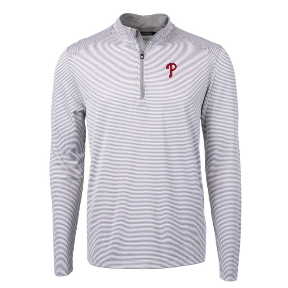 Philadelphia Phillies Cutter & Buck Virtue Eco Pique Micro Stripe Recycled Quarter-Zip Pullover Top - Gray/White