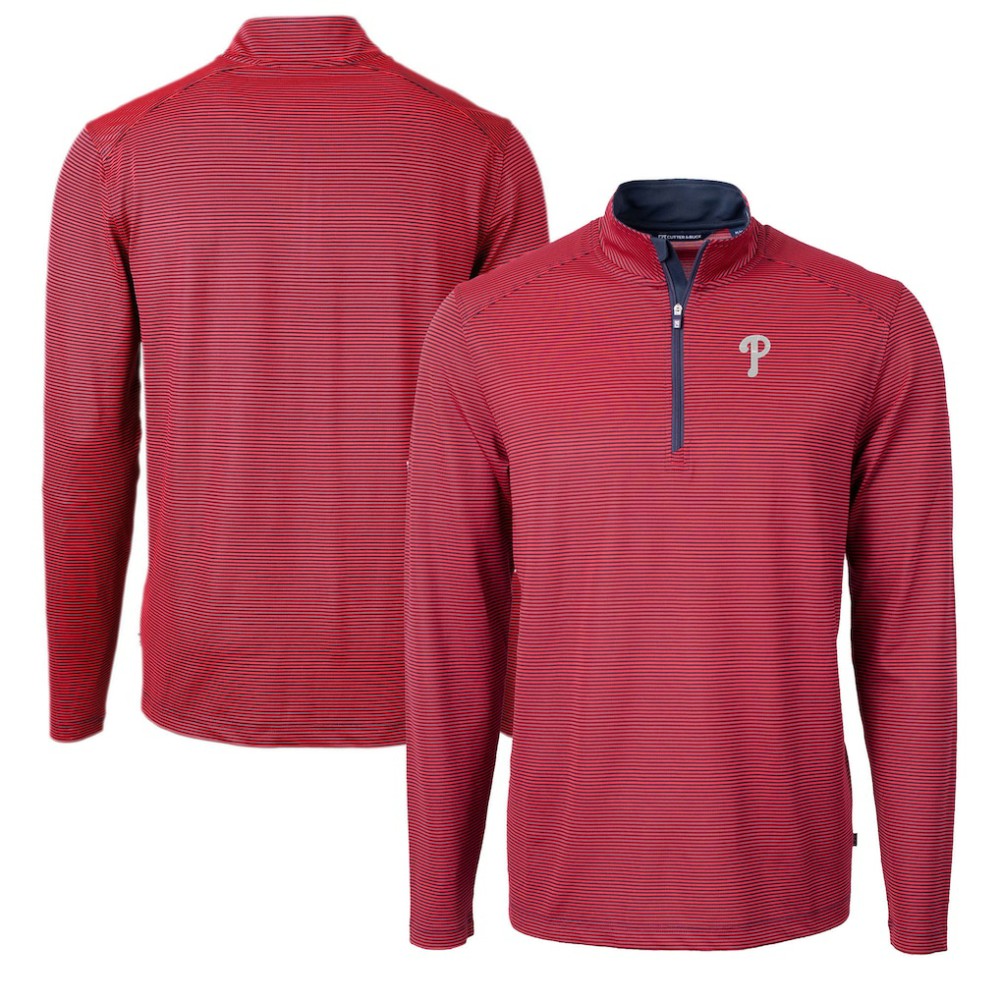 Philadelphia Phillies Cutter & Buck Virtue Eco Pique Micro Stripe Recycled Quarter-Zip Pullover Top - Red/Navy