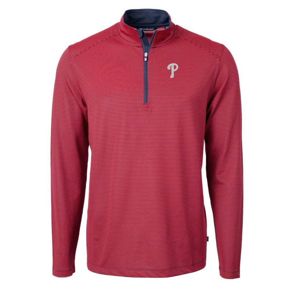 Philadelphia Phillies Cutter & Buck Virtue Eco Pique Micro Stripe Recycled Quarter-Zip Pullover Top - Red/Navy