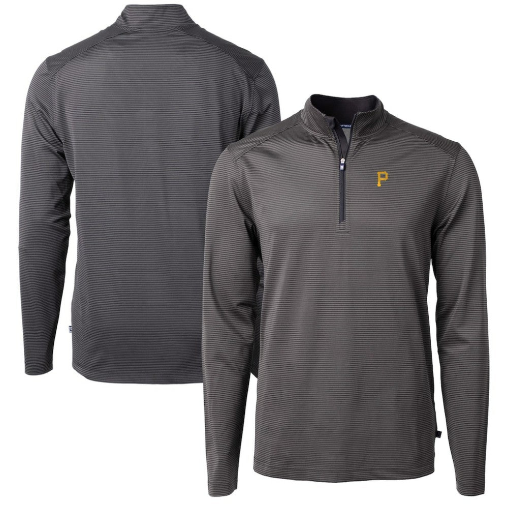 Pittsburgh Pirates Cutter & Buck Virtue Eco Pique Micro Stripe Recycled Quarter-Zip Pullover Top - Black/Gray