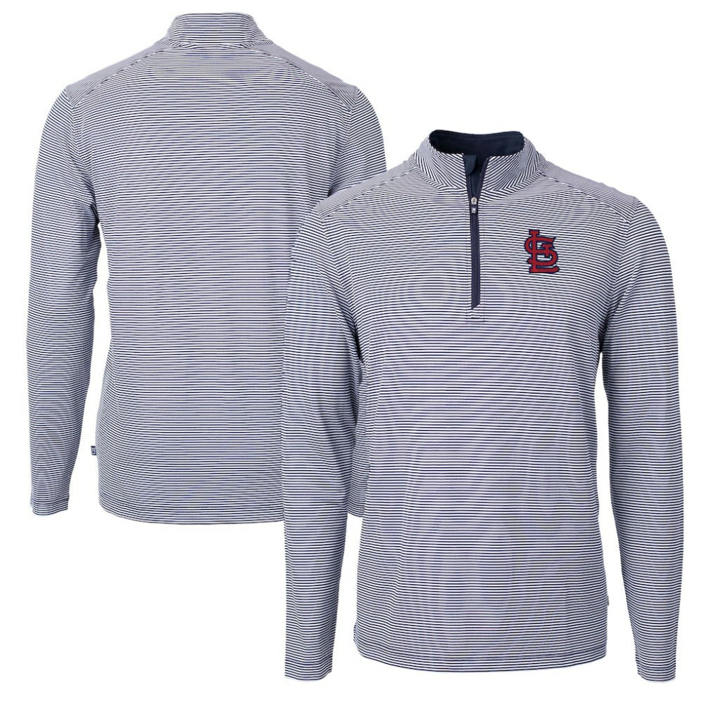 St. Louis Cardinals Cutter & Buck Virtue Eco Pique Micro Stripe Recycled Quarter-Zip Pullover Top - Navy/White