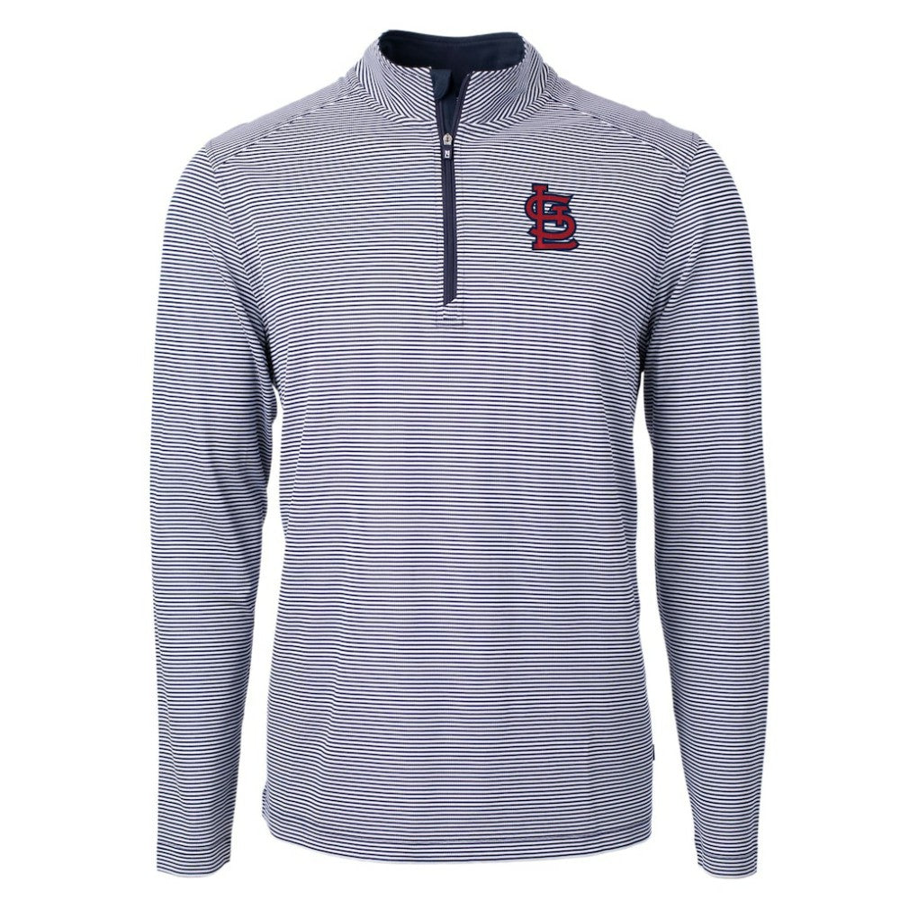 St. Louis Cardinals Cutter & Buck Virtue Eco Pique Micro Stripe Recycled Quarter-Zip Pullover Top - Navy/White