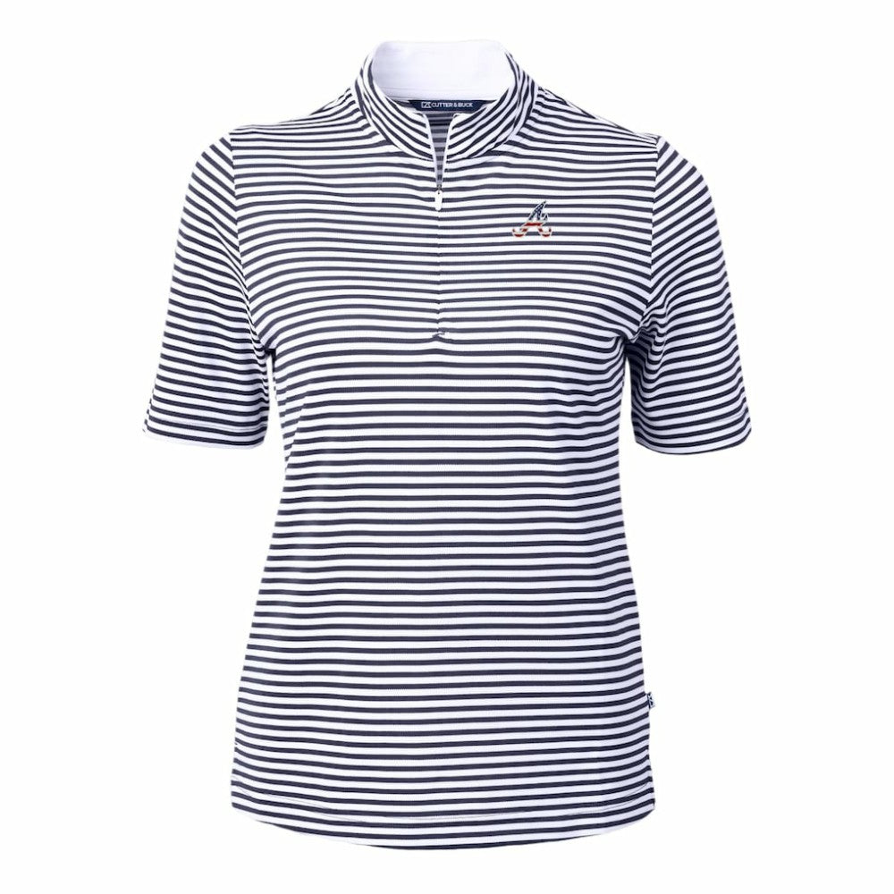 Atlanta Braves Cutter & Buck Women's Virtue Eco Pique Stripe Recycled Quarter-Zip Pullover Top - Navy