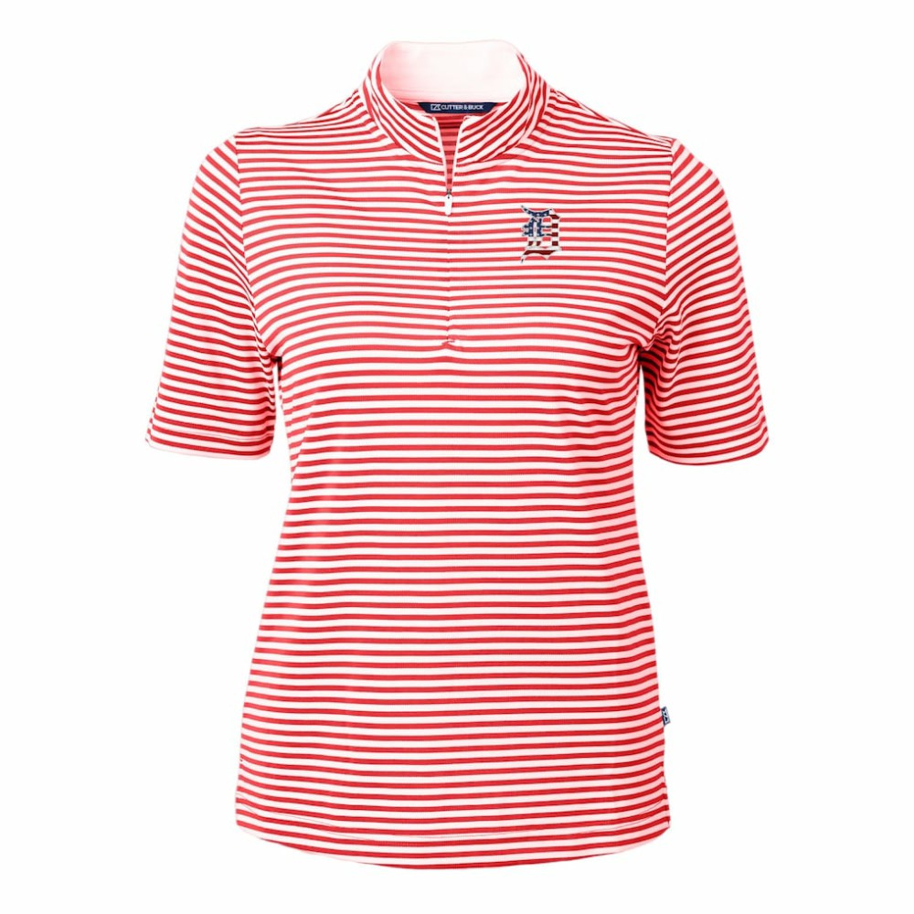 Detroit Tigers Cutter & Buck Women's Virtue Eco Pique Stripe Recycled Quarter-Zip Pullover Top - Red