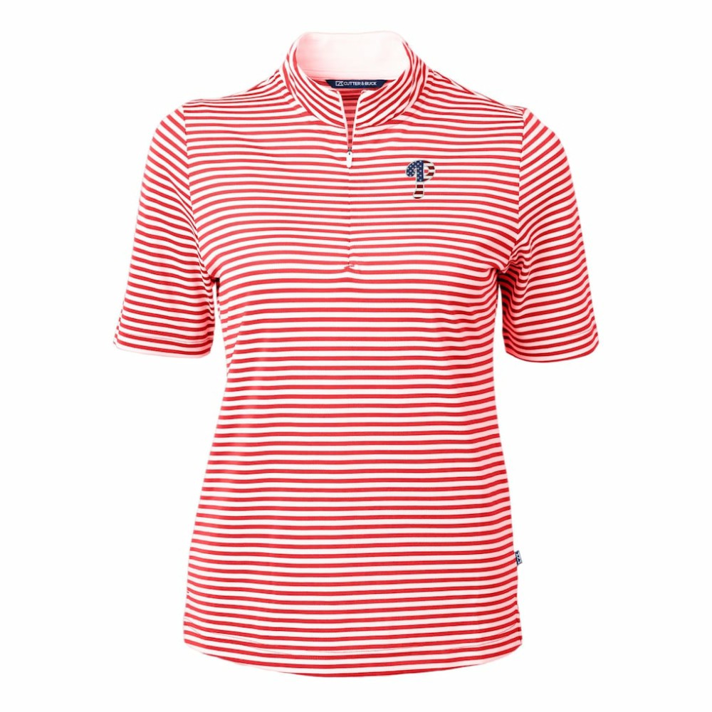 Philadelphia Phillies Cutter & Buck Women's Virtue Eco Pique Stripe Recycled Quarter-Zip Pullover Top - Red