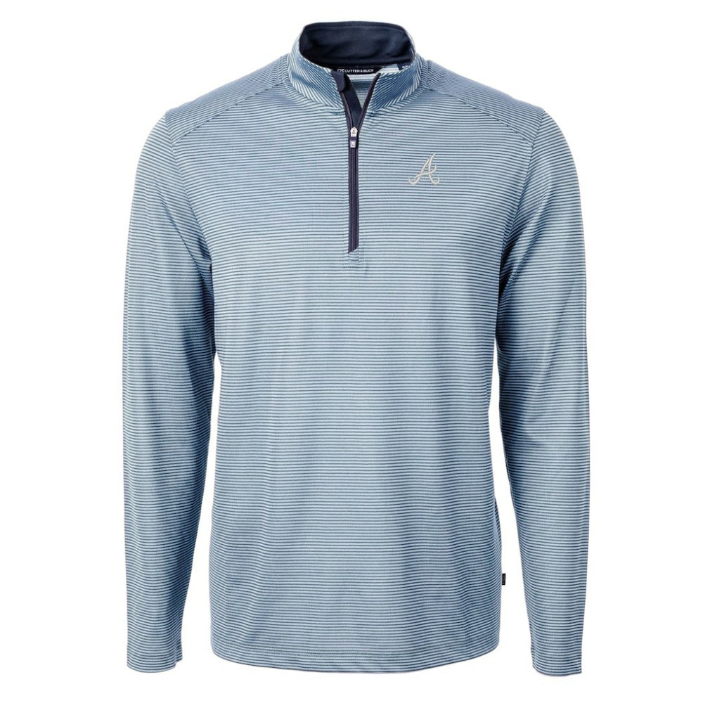 Atlanta Braves Cutter & Buck Virtue Eco Pique Micro Stripe Big & Tall Recycled Quarter-Zip Pullover Top - Light Blue/Navy
