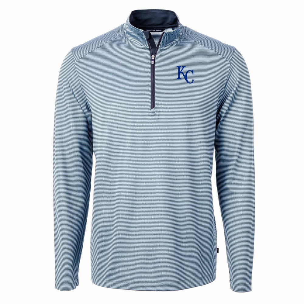 Kansas City Royals Cutter & Buck Virtue Eco Pique Micro Stripe Big & Tall Recycled Quarter-Zip Pullover Top - Light Blue/Navy