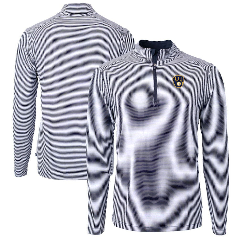 Milwaukee Brewers Cutter & Buck Virtue Eco Pique Micro Stripe Big & Tall Recycled Quarter-Zip Pullover Top - Navy/White