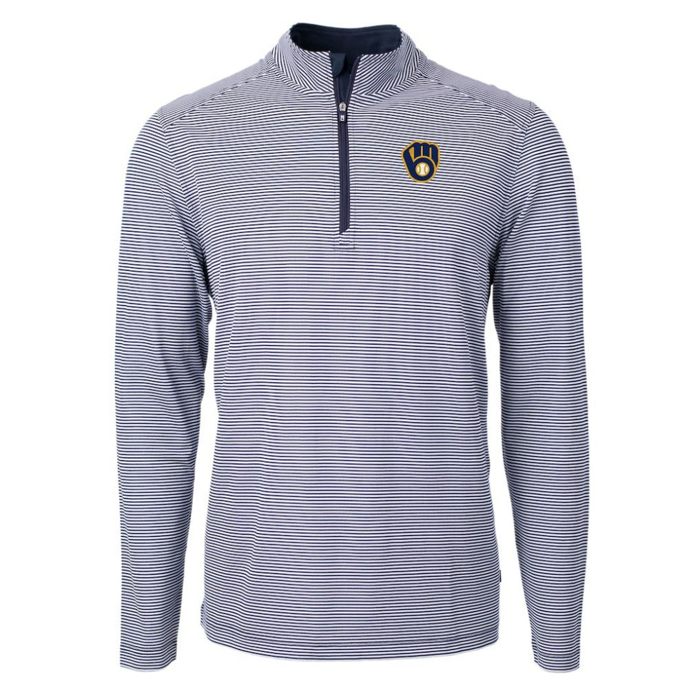 Milwaukee Brewers Cutter & Buck Virtue Eco Pique Micro Stripe Big & Tall Recycled Quarter-Zip Pullover Top - Navy/White