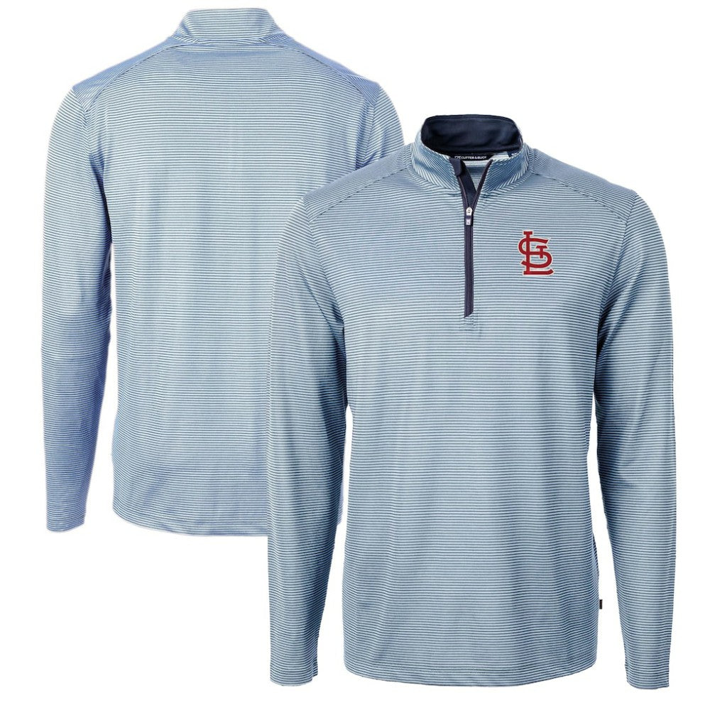 St. Louis Cardinals Cutter & Buck Virtue Eco Pique Micro Stripe Big & Tall Recycled Quarter-Zip Pullover Top - Light Blue/Navy