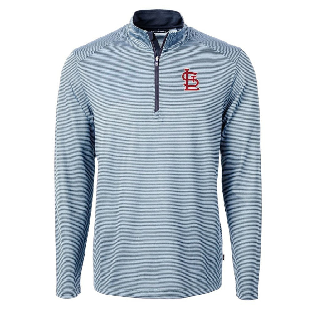 St. Louis Cardinals Cutter & Buck Virtue Eco Pique Micro Stripe Big & Tall Recycled Quarter-Zip Pullover Top - Light Blue/Navy