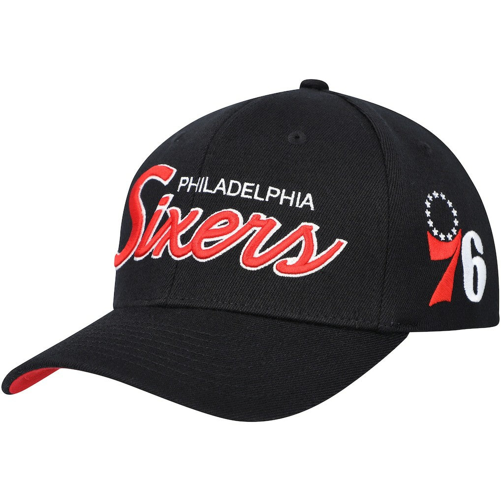 Philadelphia 76ers MVP Team Script 2.0 Stretch-Snapback Hat - Black | Mitchell & Ness discount