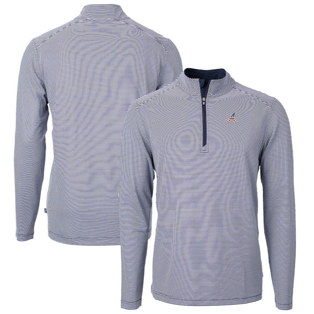Atlanta Braves Cutter & Buck Americana Logo Virtue Eco Pique Stripe Recycled Quarter-Zip Pullover Top - Navy