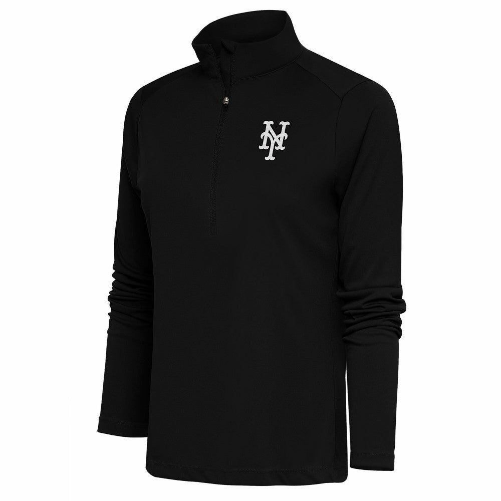New York Mets Antigua Women's Brushed Metallic Tribute Half-Zip Pullover Top - Black
