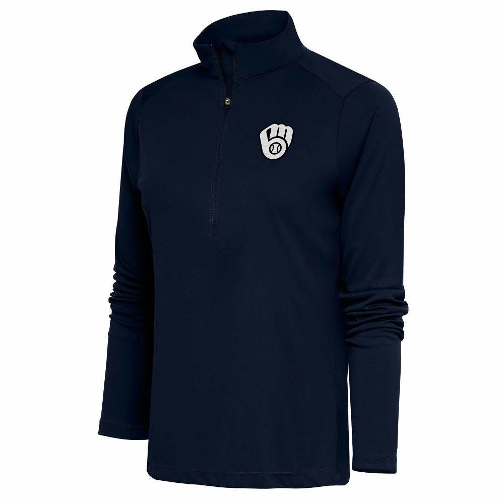 Milwaukee Brewers Antigua Women's Brushed Metallic Tribute Half-Zip Pullover Top - Navy