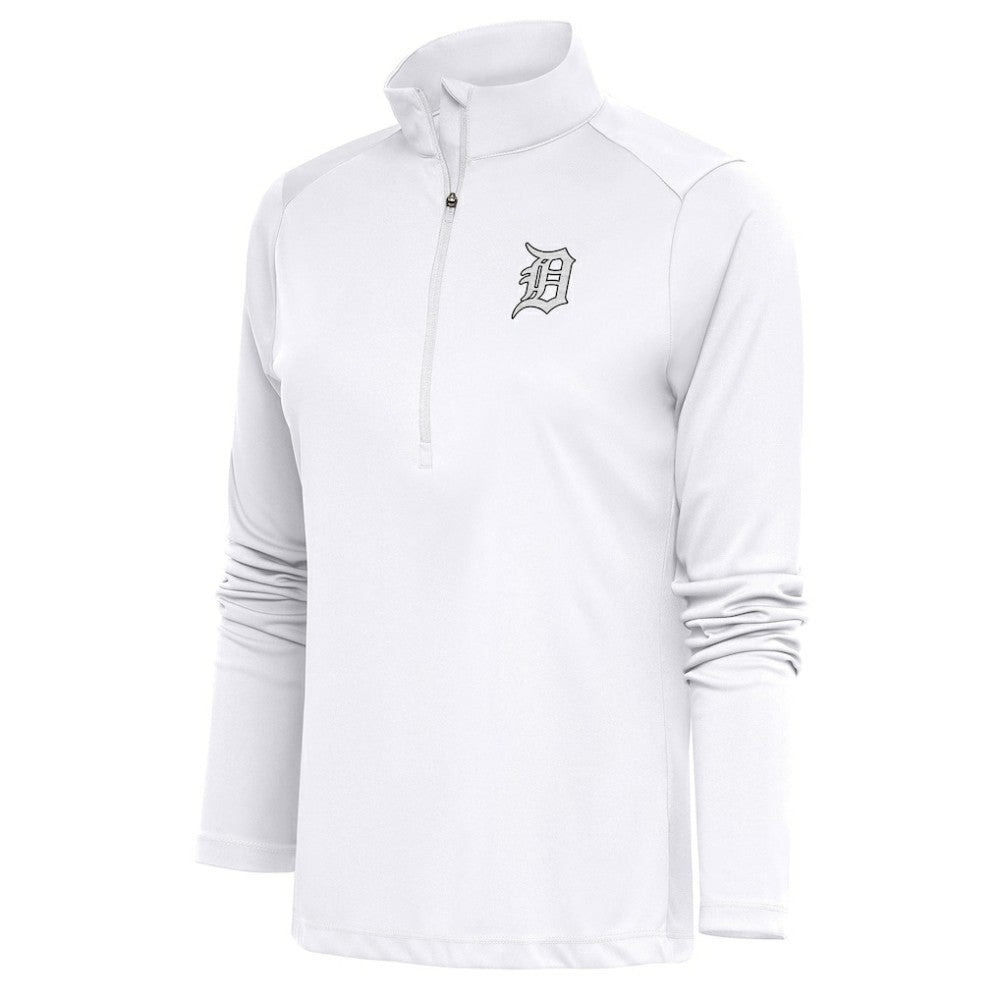 Detroit Tigers Antigua Women's Brushed Metallic Tribute Half-Zip Pullover Top - White